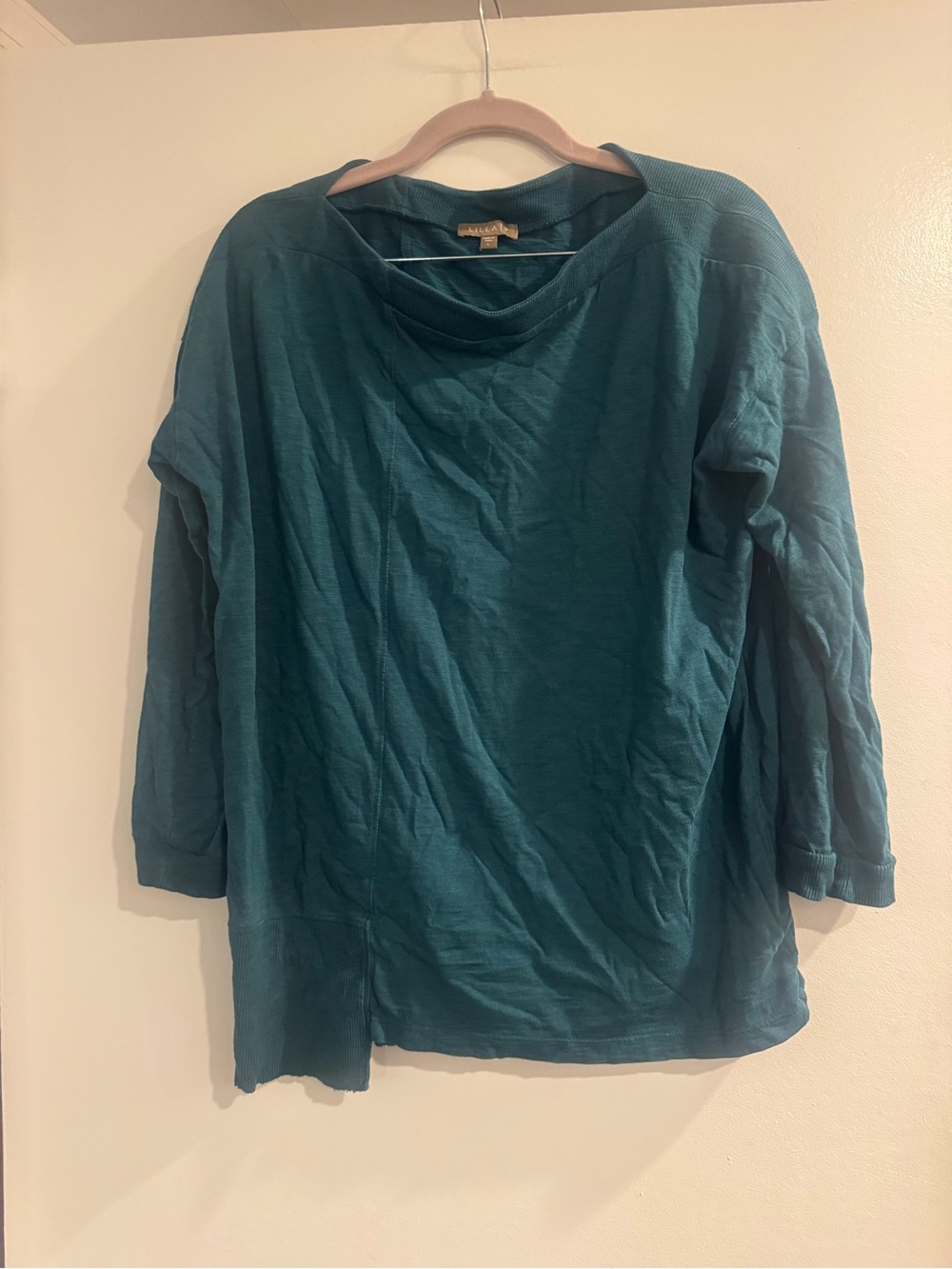 Lilla P Teal Boatneck Long Sleeve Asymmetrical Hem Top Women’s Large